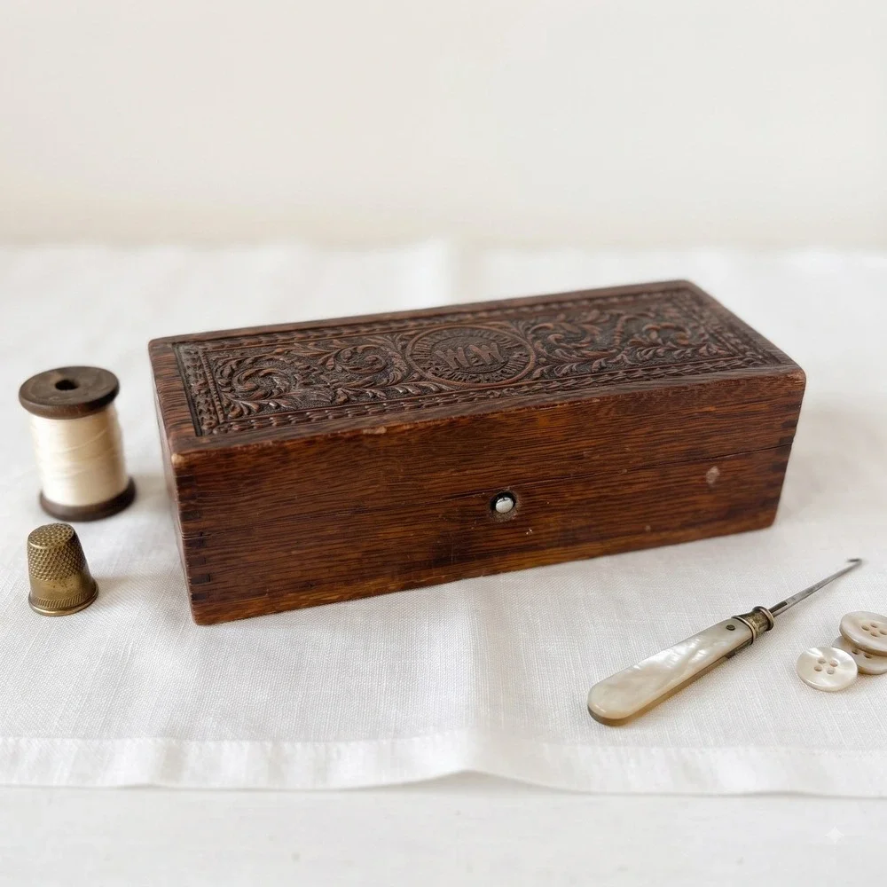 Antique Wheeler & Wilson Sewing Machine Carved Wood Accessory Box W&W Logo Decor